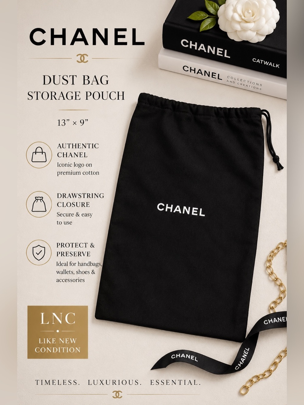 CHANEL Black Cotton Drawstring Dust Bag Storage Pouch 13” x 9”